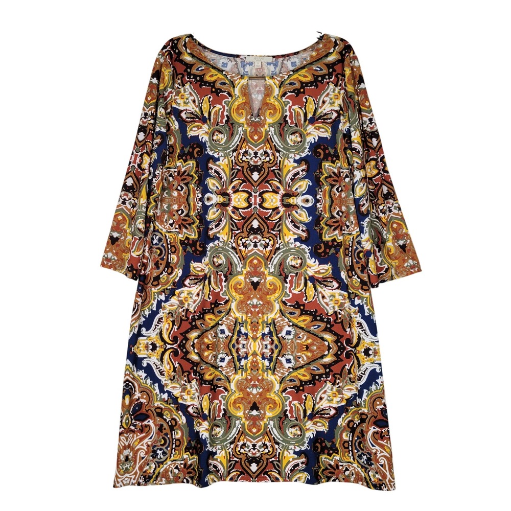 Haani Paisley Dress Womens 2X Multicolor Split Neck Gold Hardware 3/4 Sleeve